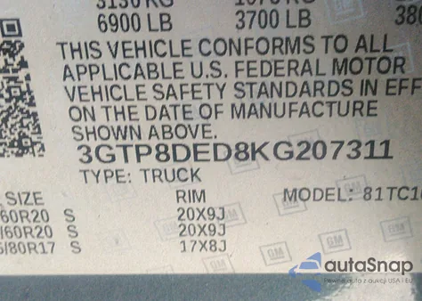 2019 GMC Sierra 1500 Slt z USA, uszkodzony, nr VIN 3GTP8DED8KG207311